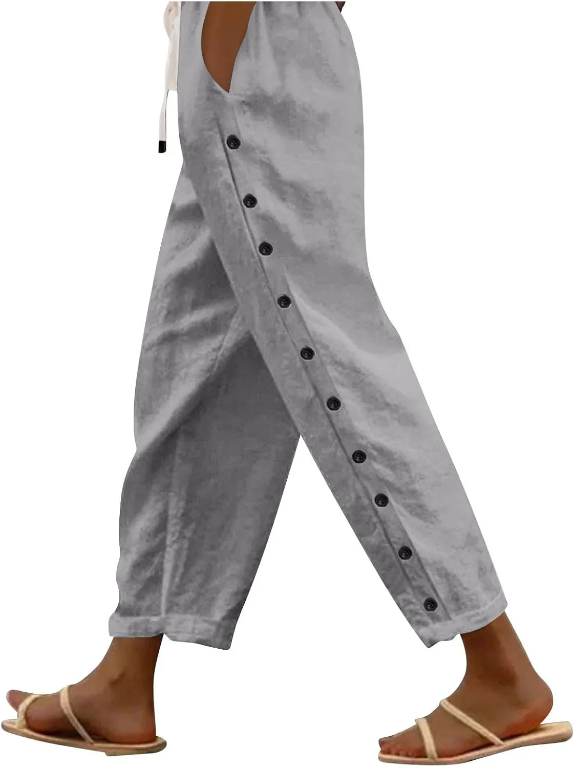 Linen Pants Women Summer Casual Side Button Striped Pants Lightweight Drawstring Guaze Pants Loose Cropped Trousers