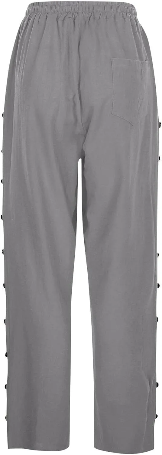 Linen Pants Women Summer Casual Side Button Striped Pants Lightweight Drawstring Guaze Pants Loose Cropped Trousers