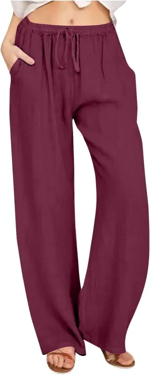 Linen Pants Women Summer Wide Leg Pant Cotton Linen Lounge Pants Loose Palazzo Trouser Comfy Trousers with Pockets