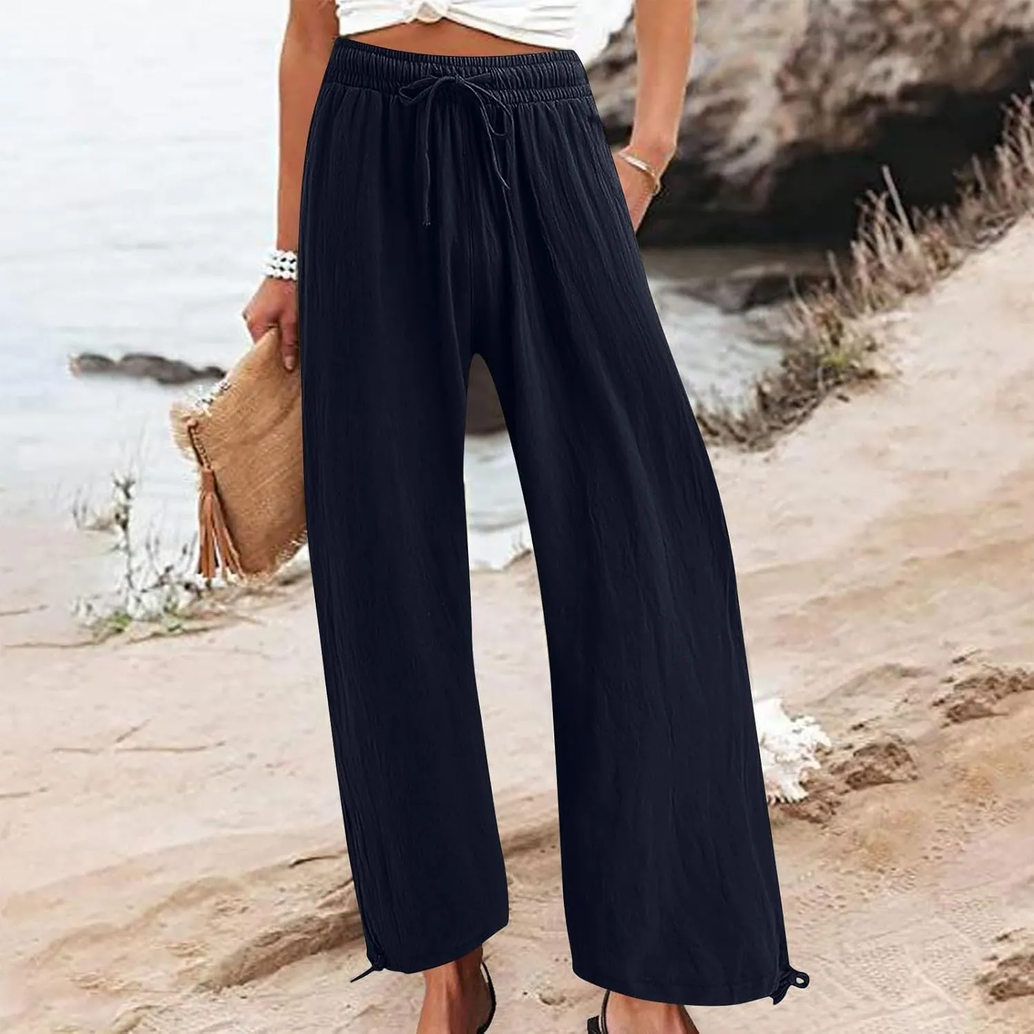 Linen Pants Women's Summer Drawstring Waist Wide Leg Pant Loose Cotton Linen Palazzo Slacks Casual Beach Long Trousers