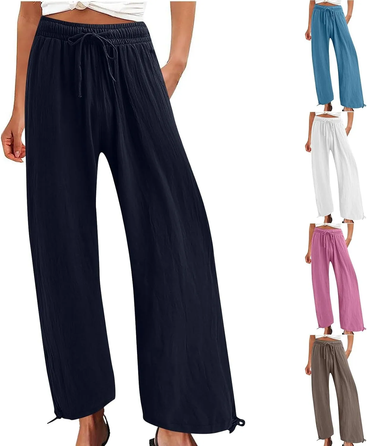 Linen Pants Women's Summer Drawstring Waist Wide Leg Pant Loose Cotton Linen Palazzo Slacks Casual Beach Long Trousers