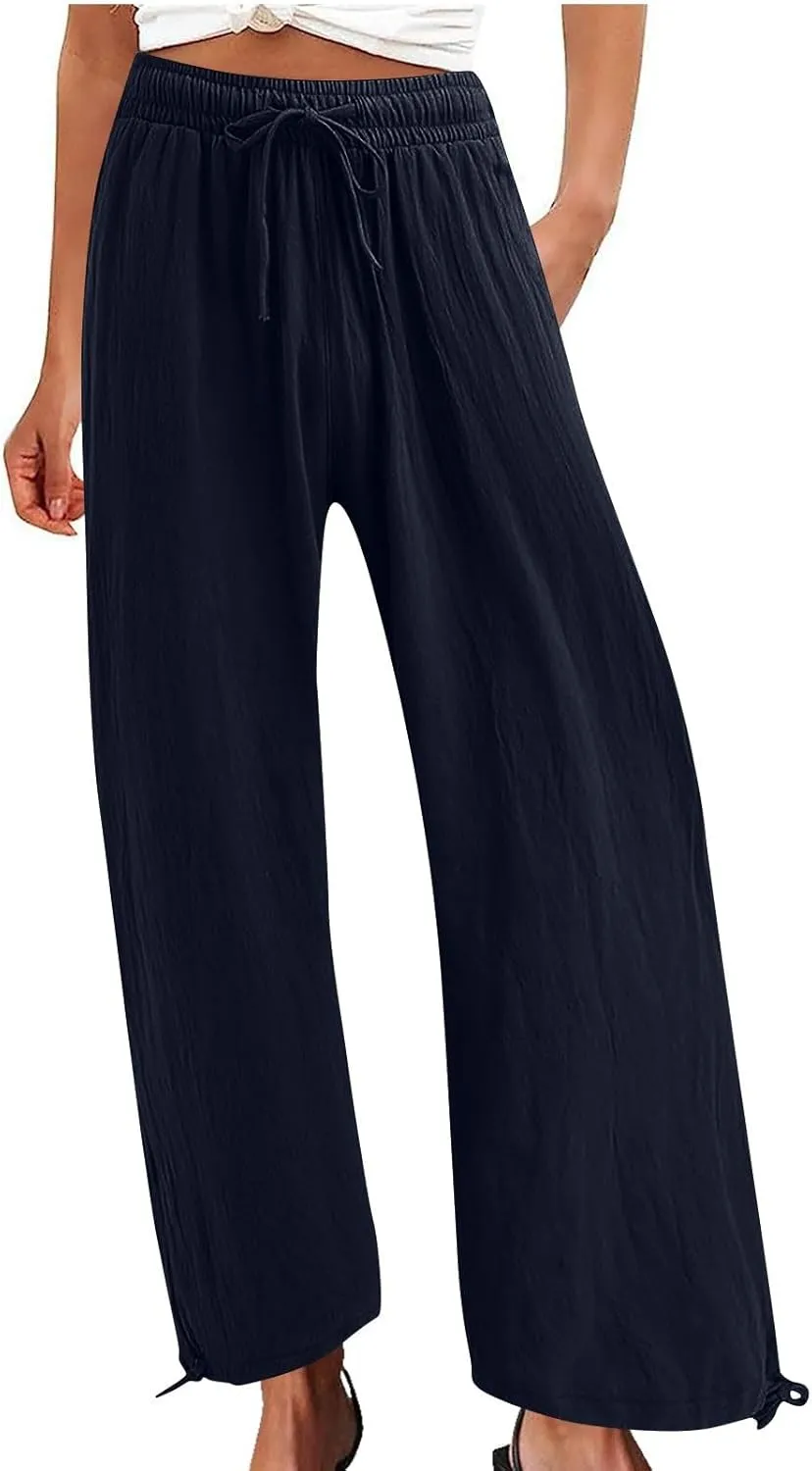 Linen Pants Women's Summer Drawstring Waist Wide Leg Pant Loose Cotton Linen Palazzo Slacks Casual Beach Long Trousers