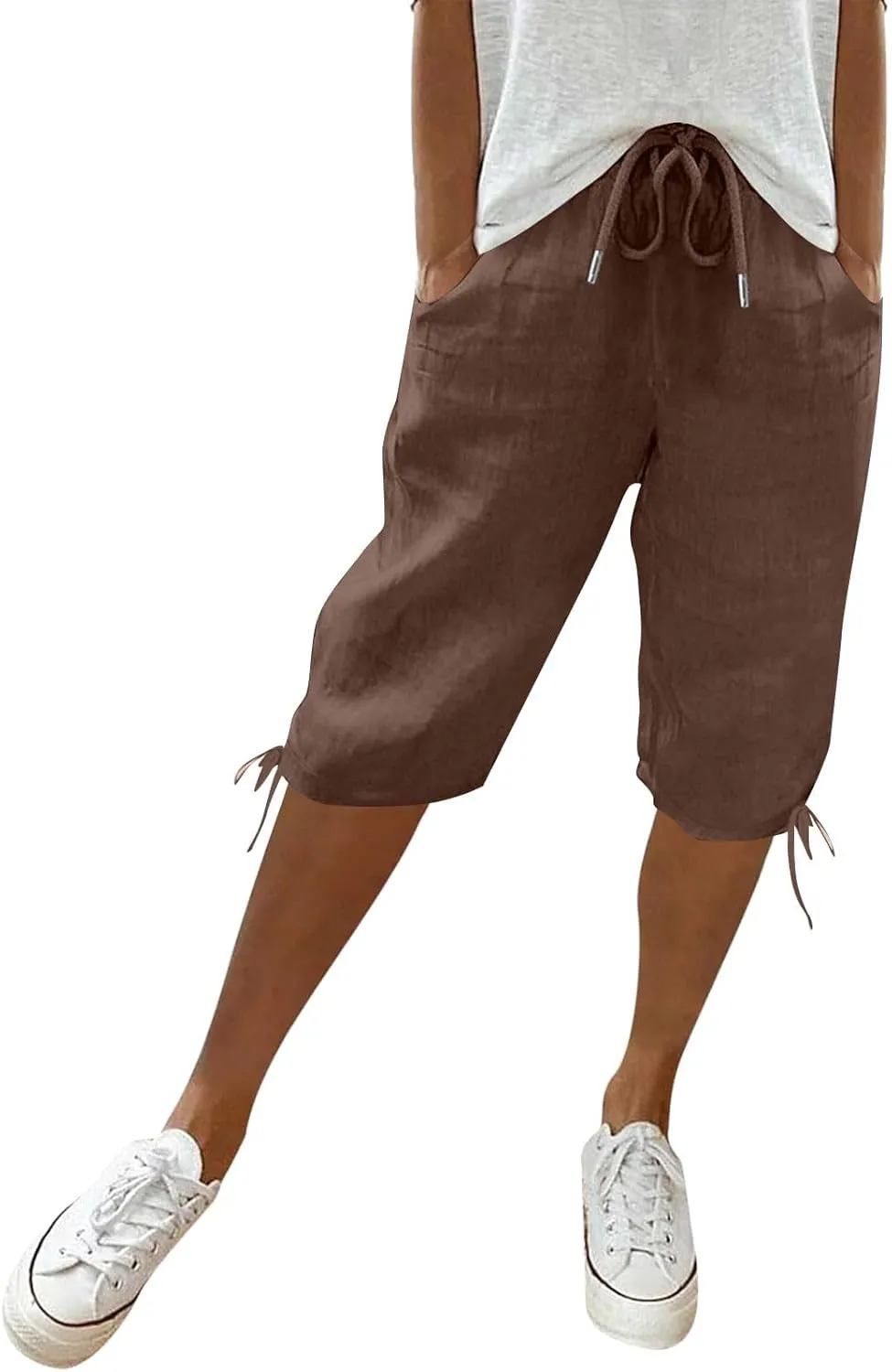 Linen Trousers for Women Solid Color Casual Side Lace Summer Drawstring Pants with Pocket for Beach Vacations