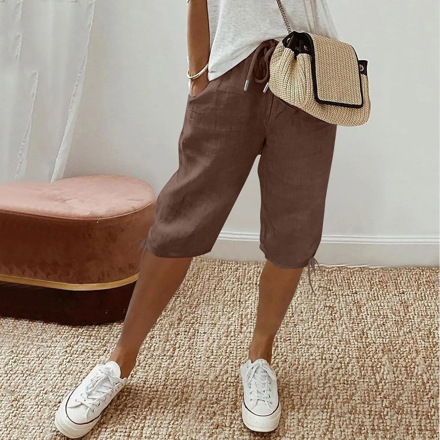 Linen Trousers for Women Solid Color Casual Side Lace Summer Drawstring Pants with Pocket for Beach Vacations