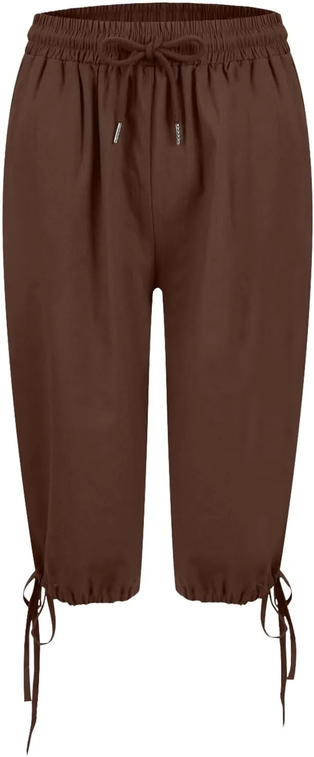 Linen Trousers for Women Solid Color Casual Side Lace Summer Drawstring Pants with Pocket for Beach Vacations