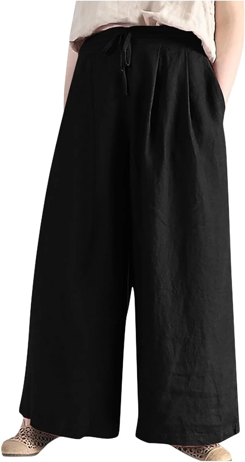 Lmdudan 2025 Wide Leg Work Pants for Women Drawstring Waist Travel Pants with Pockets Casual Lightweight Trousers Pants