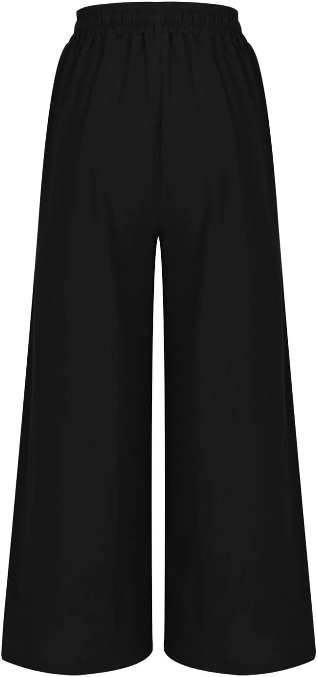 Lmdudan 2025 Wide Leg Work Pants for Women Drawstring Waist Travel Pants with Pockets Casual Lightweight Trousers Pants