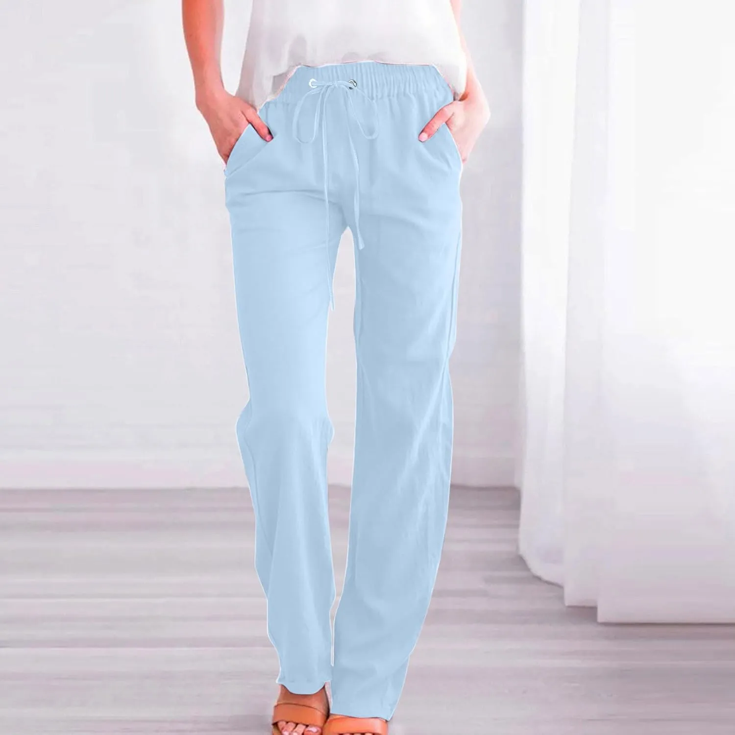 Lmdudan 2025 Women's Cotton Linen Straight Leg Pants Elastic Drawstring Casual Trousers with Pockets Summer Beach Lounge Pant