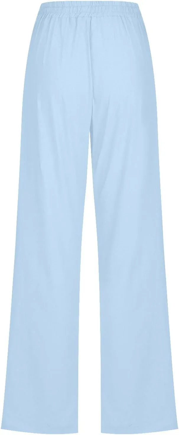 Lmdudan 2025 Women's Cotton Linen Straight Leg Pants Elastic Drawstring Casual Trousers with Pockets Summer Beach Lounge Pant