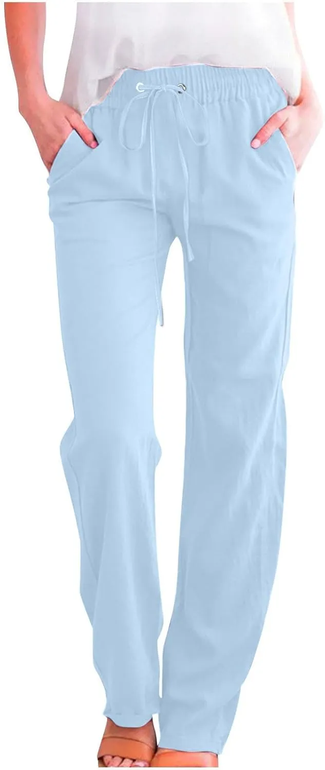 Lmdudan 2025 Women's Cotton Linen Straight Leg Pants Elastic Drawstring Casual Trousers with Pockets Summer Beach Lounge Pant