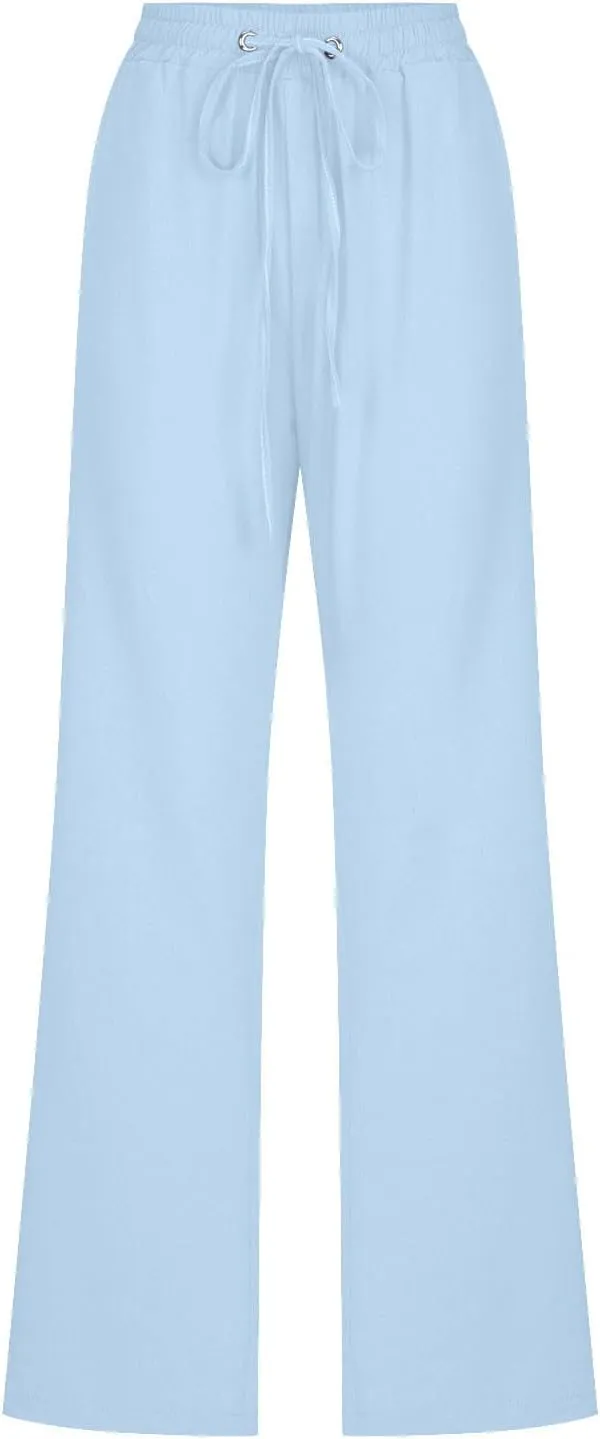 Lmdudan 2025 Women's Cotton Linen Straight Leg Pants Elastic Drawstring Casual Trousers with Pockets Summer Beach Lounge Pant