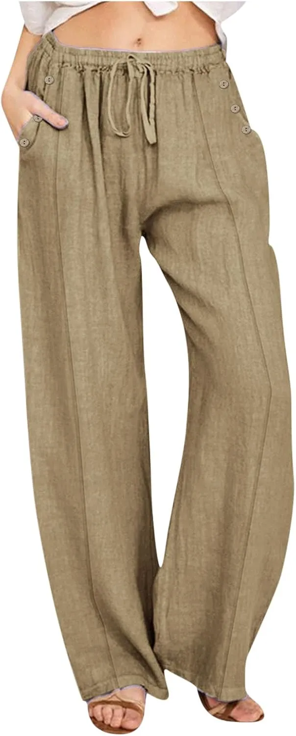 Lmdudan Linen Pants Women 2025 Summer Beach Lounge Palazzo Trousers Loose Elastic Plus Size Drawstring with Pockets Pants