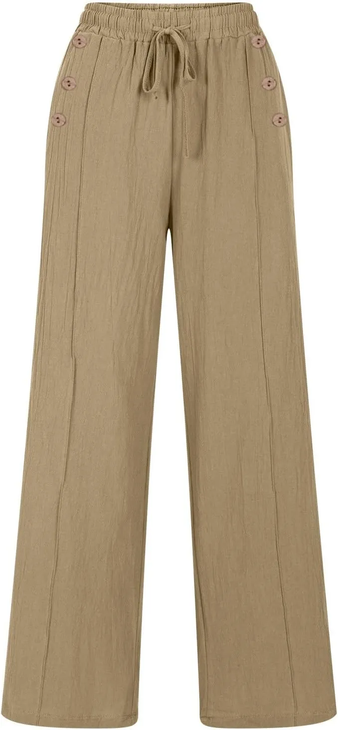 Lmdudan Linen Pants Women 2025 Summer Beach Lounge Palazzo Trousers Loose Elastic Plus Size Drawstring with Pockets Pants