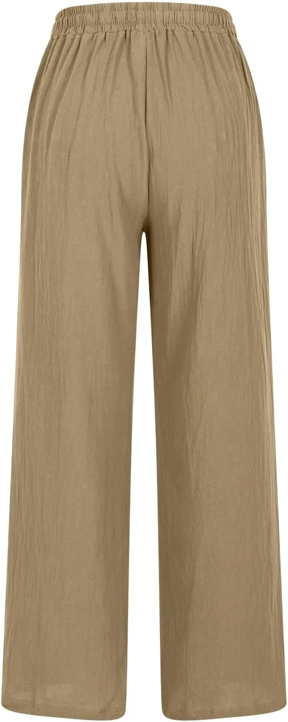 Lmdudan Linen Pants Women 2025 Summer Beach Lounge Palazzo Trousers Loose Elastic Plus Size Drawstring with Pockets Pants