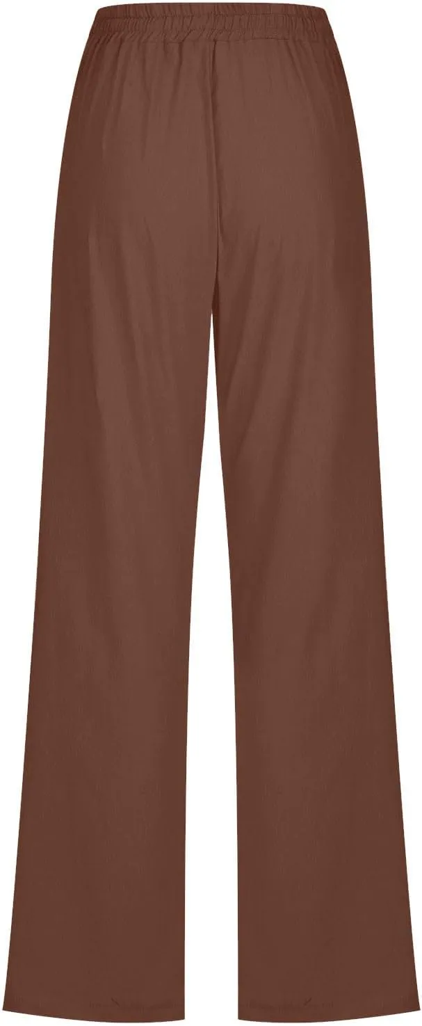 Lmdudan Womens Casual Cotton Linen Pants Lightweight Summer Elastic Waist Plus Size Pants Solid Color Lounge Long Trousers