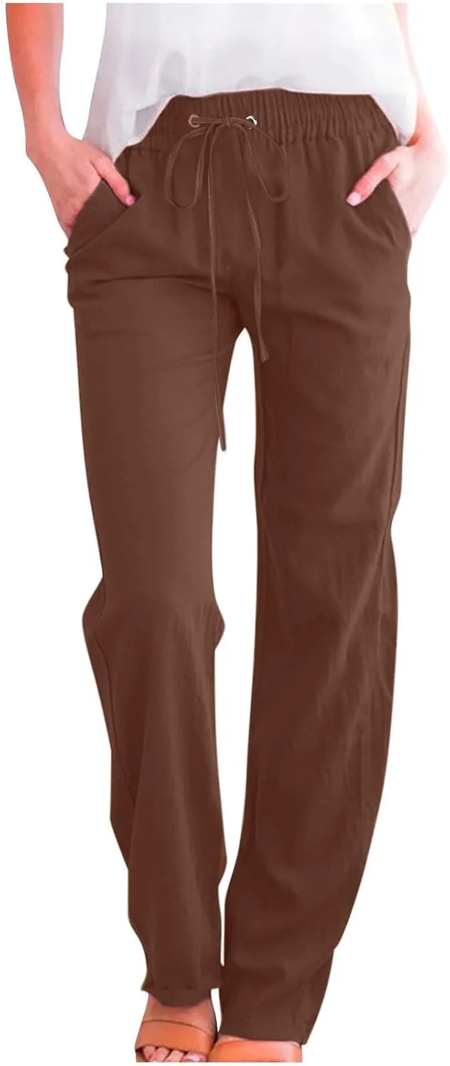 Lmdudan Womens Casual Cotton Linen Pants Lightweight Summer Elastic Waist Plus Size Pants Solid Color Lounge Long Trousers
