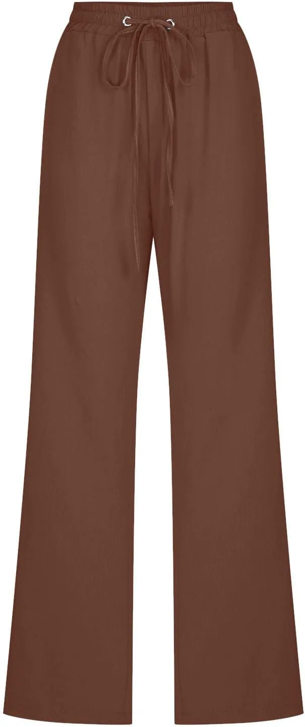 Lmdudan Womens Casual Cotton Linen Pants Lightweight Summer Elastic Waist Plus Size Pants Solid Color Lounge Long Trousers