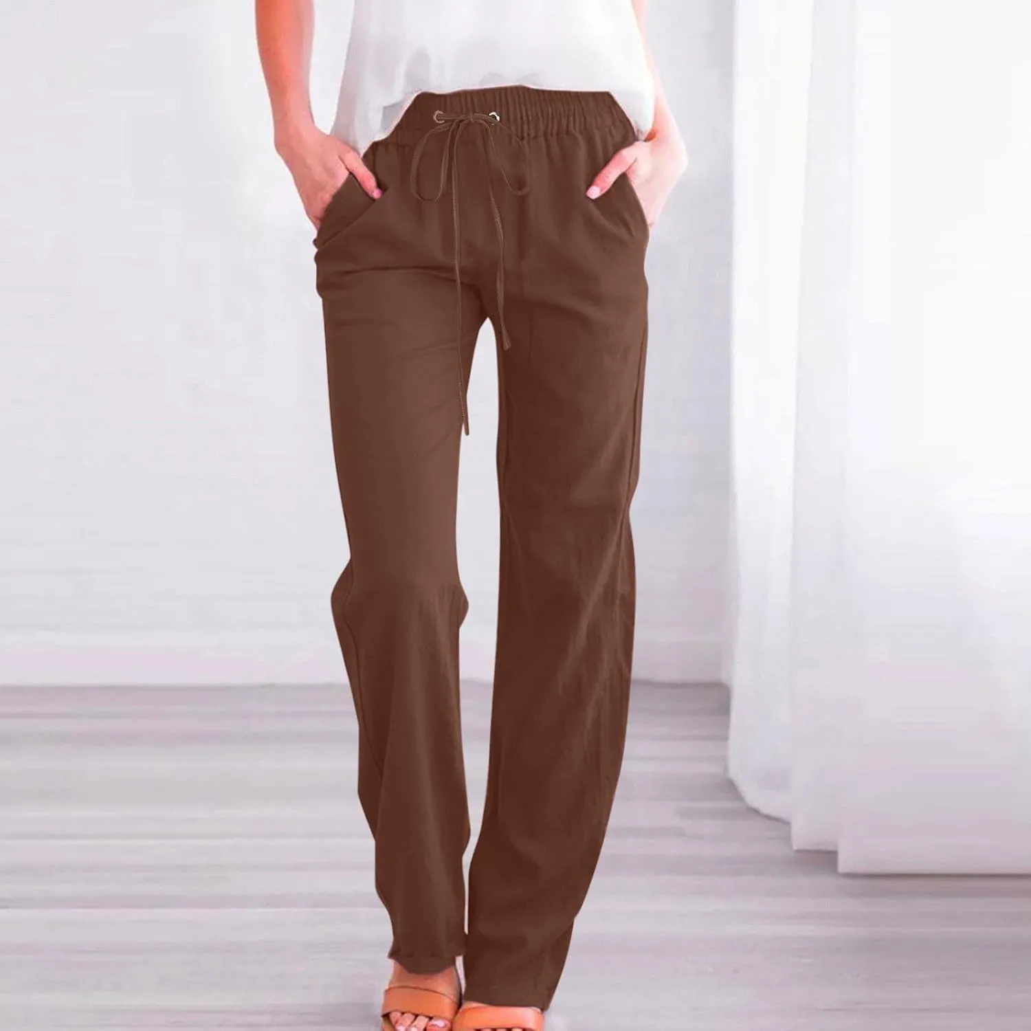 Lmdudan Womens Casual Cotton Linen Pants Lightweight Summer Elastic Waist Plus Size Pants Solid Color Lounge Long Trousers