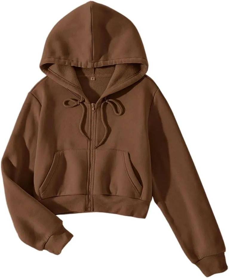 LOFAAC Women Fleece Full Zip Up Cropped Hoodie Sweatshirt 90s Long Sleeve Drawstring Hooded Crop Jacket Top with Pockets