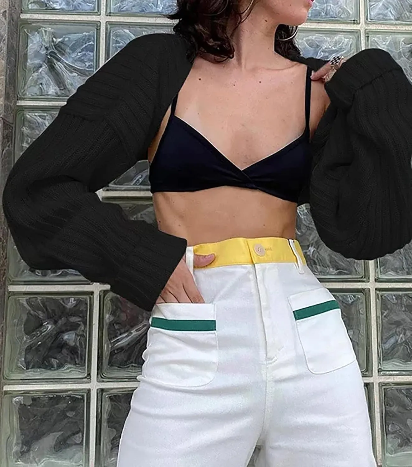 LOFAAC Women Y2K Open Front Rib Knit Shrug Crop Cardigan Solid Drop Shoulder Puff Long Sleeve Crop Bolero Sweater Tops