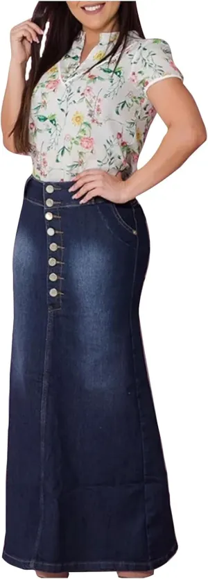 Long Skirts for Women Hip-Wrapped Buttons Denim Skirt A-Line Maxi Jean Skirts Trendy Slim Jeans Skirt with Pocket