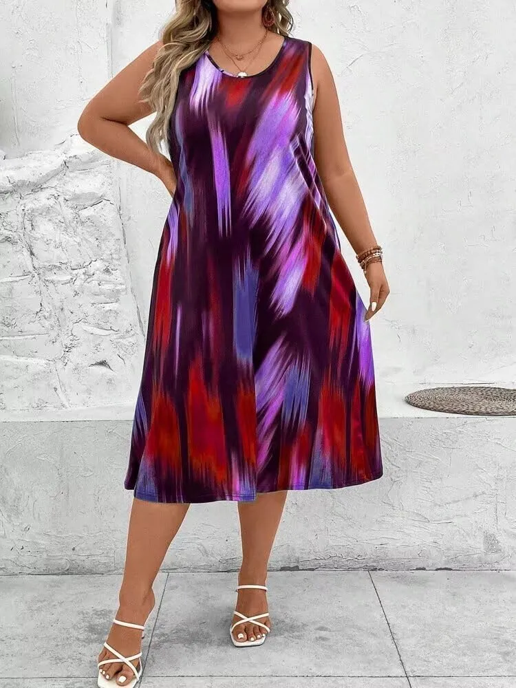 LROSEY Summer Plus Size Midi Tank Top Dresses for Curvy Women Casual Tie Die Sleeveless A Line Dress Long Sundress Loose Fit