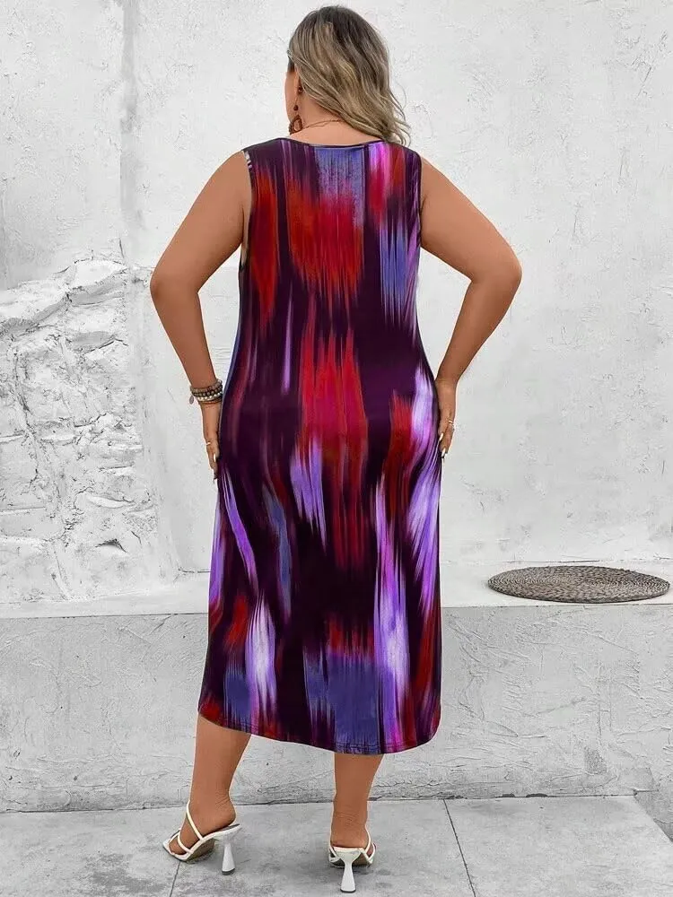 LROSEY Summer Plus Size Midi Tank Top Dresses for Curvy Women Casual Tie Die Sleeveless A Line Dress Long Sundress Loose Fit