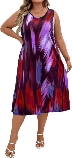 LROSEY Summer Plus Size Midi Tank Top Dresses for Curvy Women Casual Tie Die Sleeveless A Line Dress Long Sundress Loose Fit