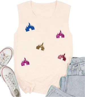 Magic Kingdom Tanks for Women Sequin Shirts Colorful Castle Graphic Sleveless Top Holiday Vacation Tank Tops