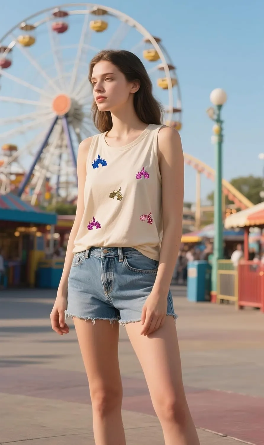 Magic Kingdom Tanks for Women Sequin Shirts Colorful Castle Graphic Sleveless Top Holiday Vacation Tank Tops