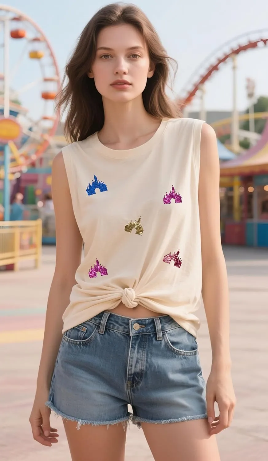 Magic Kingdom Tanks for Women Sequin Shirts Colorful Castle Graphic Sleveless Top Holiday Vacation Tank Tops
