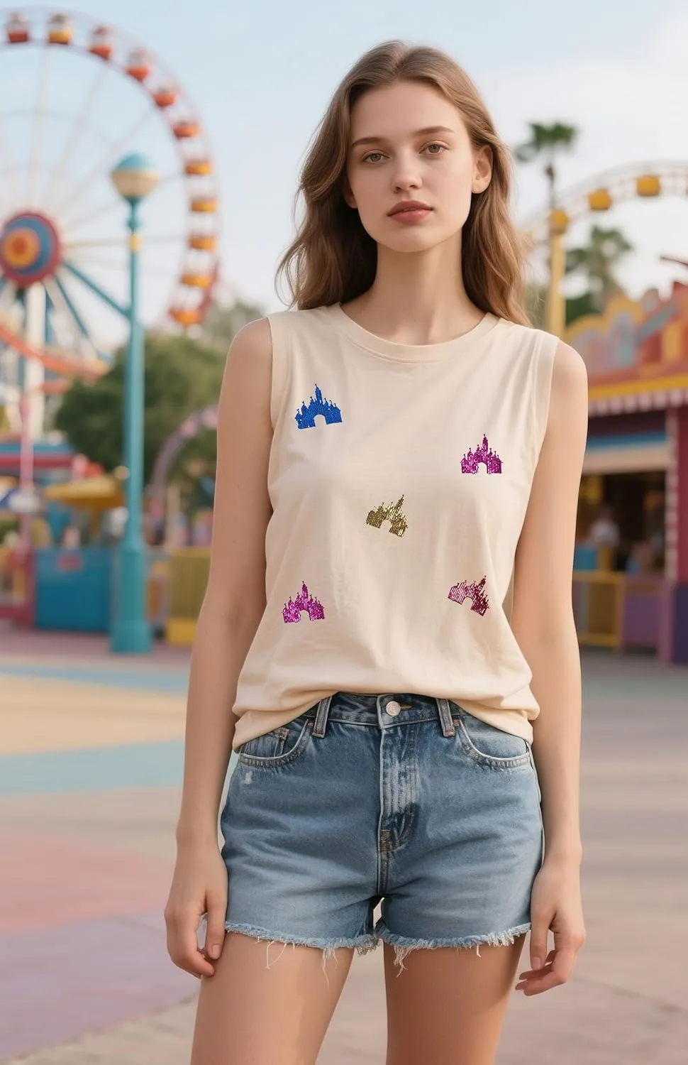 Magic Kingdom Tanks for Women Sequin Shirts Colorful Castle Graphic Sleveless Top Holiday Vacation Tank Tops