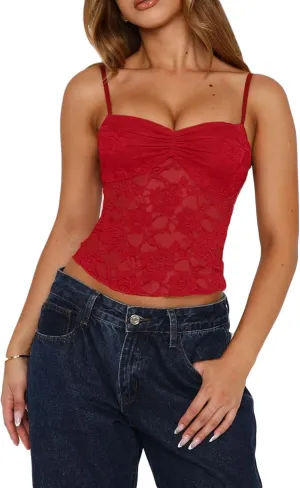 Meihuida Women Lace Top Y2k Going Out Trendy Sexy Mesh See Through Cami Tank Tops