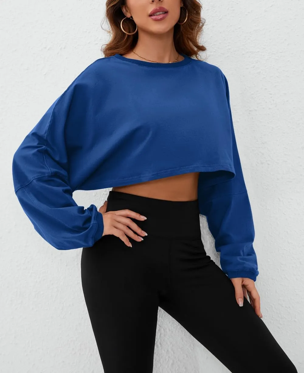 Meladyan Women Long Sleeve Crewneck Crop Top Tee Shirt Sweatshirt Casual Solid Loose Fit Workout Cropped Pullover Tshirt