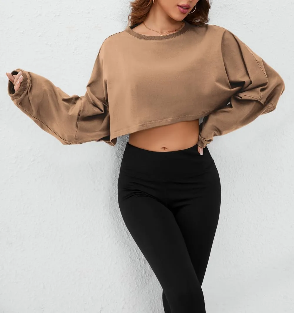 Meladyan Women Long Sleeve Crewneck Crop Top Tee Shirt Sweatshirt Casual Solid Loose Fit Workout Cropped Pullover Tshirt