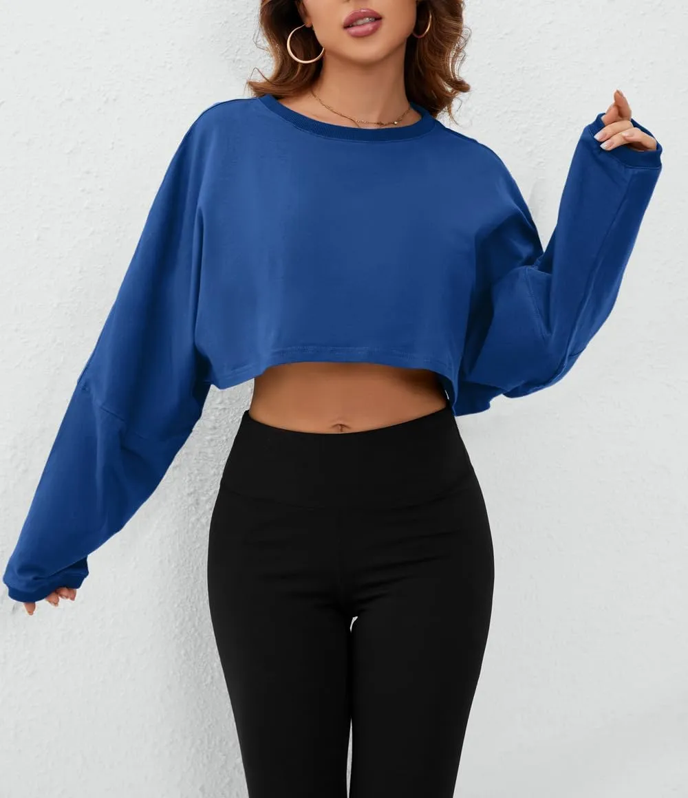 Meladyan Women Long Sleeve Crewneck Crop Top Tee Shirt Sweatshirt Casual Solid Loose Fit Workout Cropped Pullover Tshirt