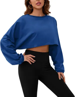 Meladyan Women Long Sleeve Crewneck Crop Top Tee Shirt Sweatshirt Casual Solid Loose Fit Workout Cropped Pullover Tshirt