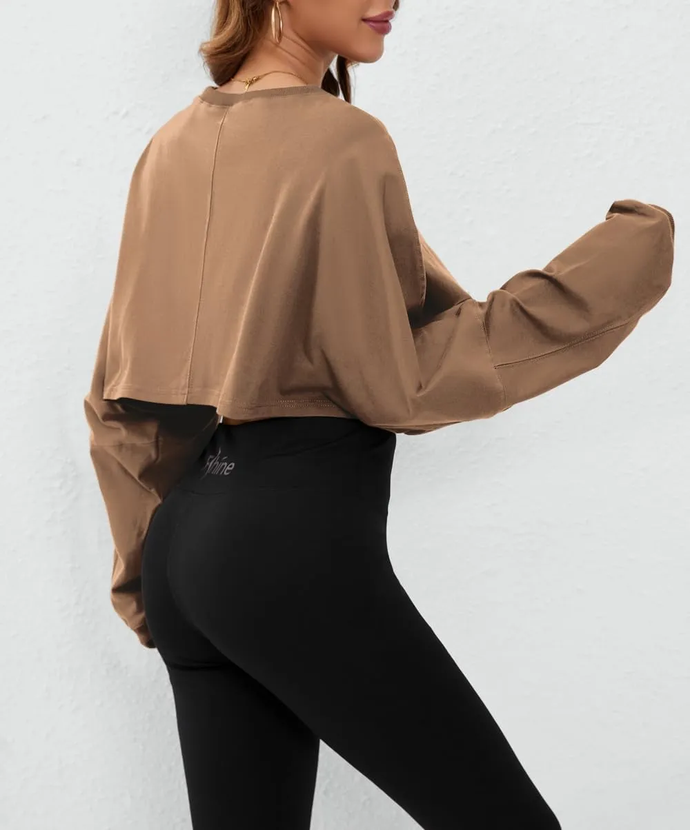 Meladyan Women Long Sleeve Crewneck Crop Top Tee Shirt Sweatshirt Casual Solid Loose Fit Workout Cropped Pullover Tshirt