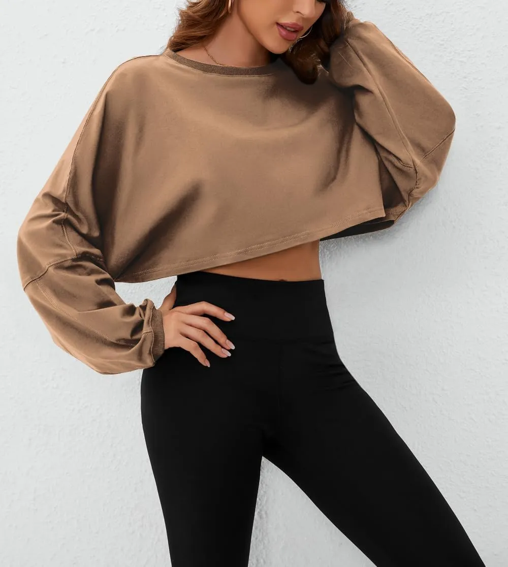 Meladyan Women Long Sleeve Crewneck Crop Top Tee Shirt Sweatshirt Casual Solid Loose Fit Workout Cropped Pullover Tshirt