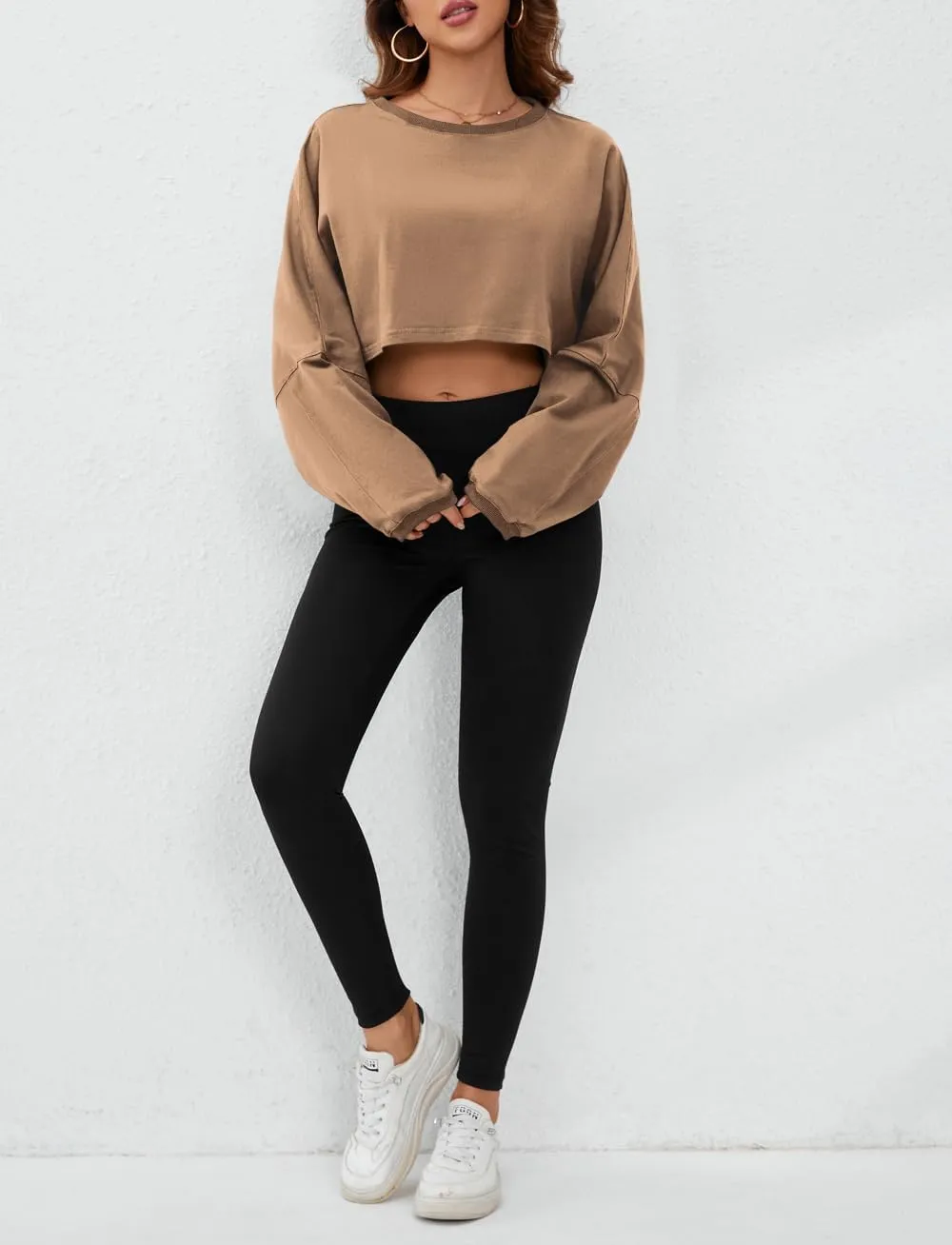 Meladyan Women Long Sleeve Crewneck Crop Top Tee Shirt Sweatshirt Casual Solid Loose Fit Workout Cropped Pullover Tshirt