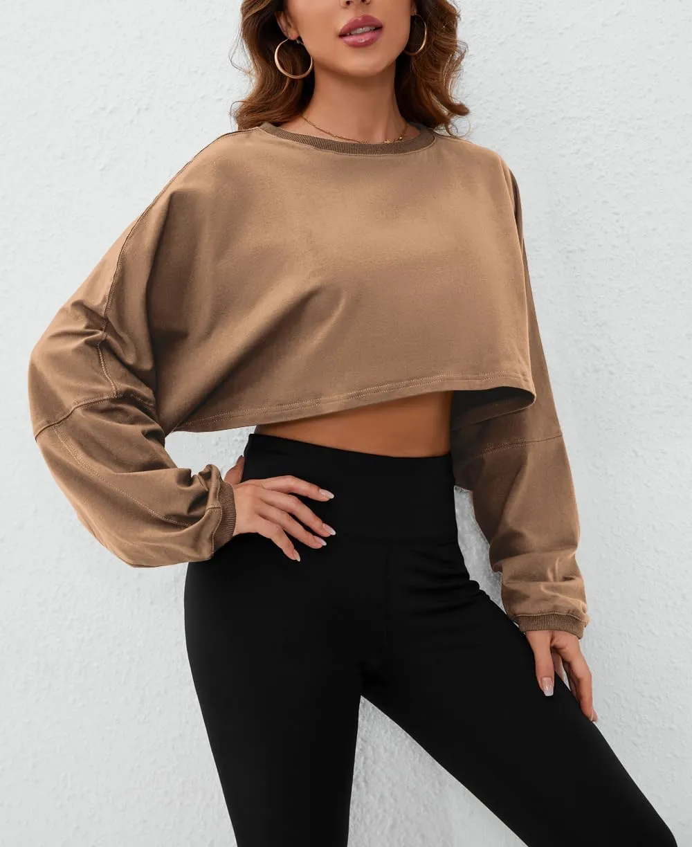 Meladyan Women Long Sleeve Crewneck Crop Top Tee Shirt Sweatshirt Casual Solid Loose Fit Workout Cropped Pullover Tshirt
