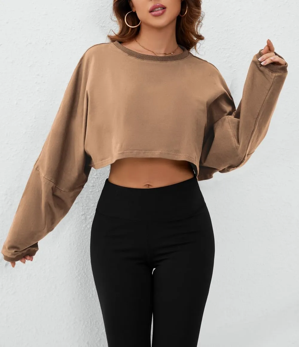Meladyan Women Long Sleeve Crewneck Crop Top Tee Shirt Sweatshirt Casual Solid Loose Fit Workout Cropped Pullover Tshirt