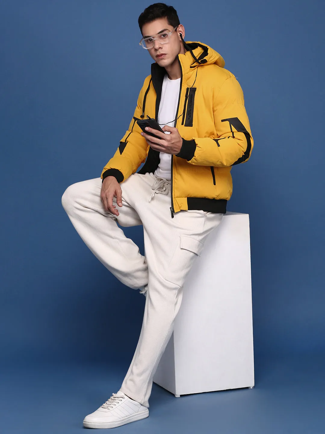 Men Yellow Mock Collar Solid Windcheater Reversible Puffer Jacket with Detachable Hoodie