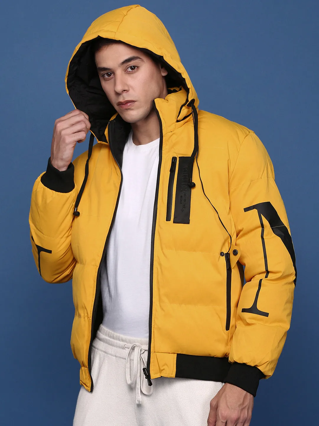 Men Yellow Mock Collar Solid Windcheater Reversible Puffer Jacket with Detachable Hoodie