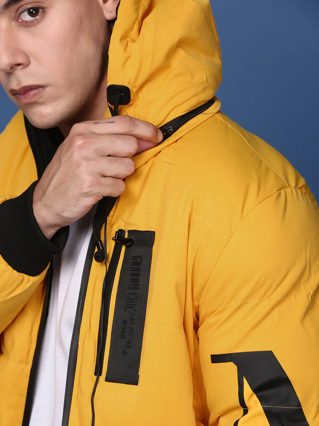 Men Yellow Mock Collar Solid Windcheater Reversible Puffer Jacket with Detachable Hoodie