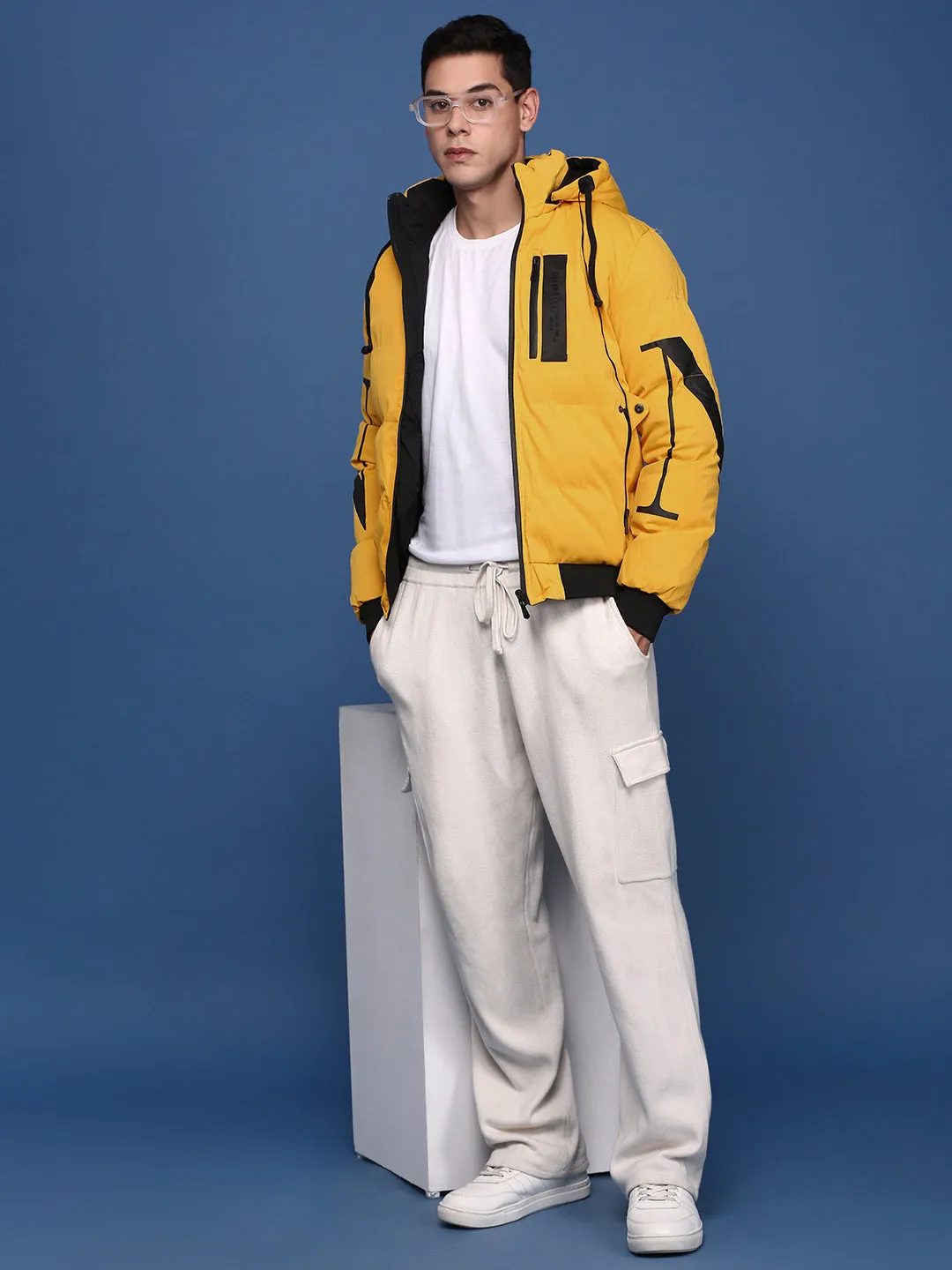 Men Yellow Mock Collar Solid Windcheater Reversible Puffer Jacket with Detachable Hoodie