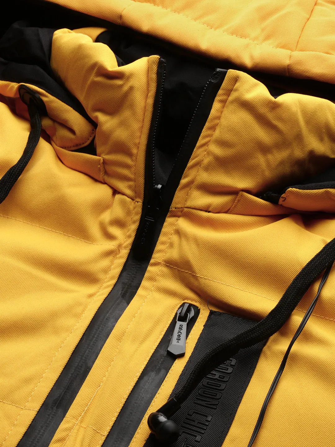 Men Yellow Mock Collar Solid Windcheater Reversible Puffer Jacket with Detachable Hoodie