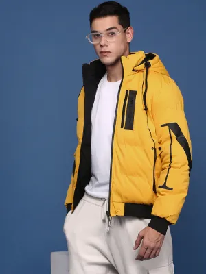 Men Yellow Mock Collar Solid Windcheater Reversible Puffer Jacket with Detachable Hoodie