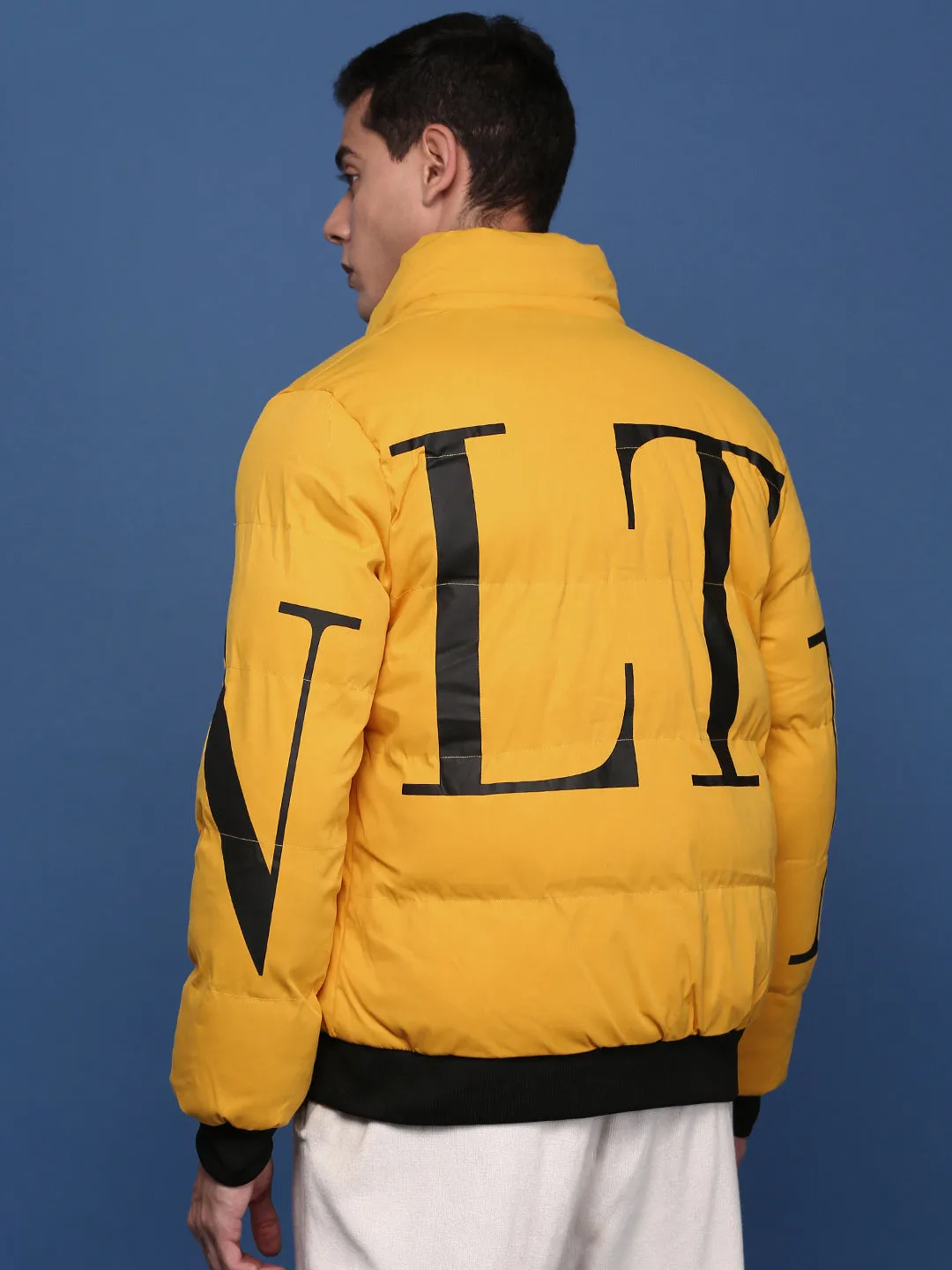 Men Yellow Mock Collar Solid Windcheater Reversible Puffer Jacket with Detachable Hoodie
