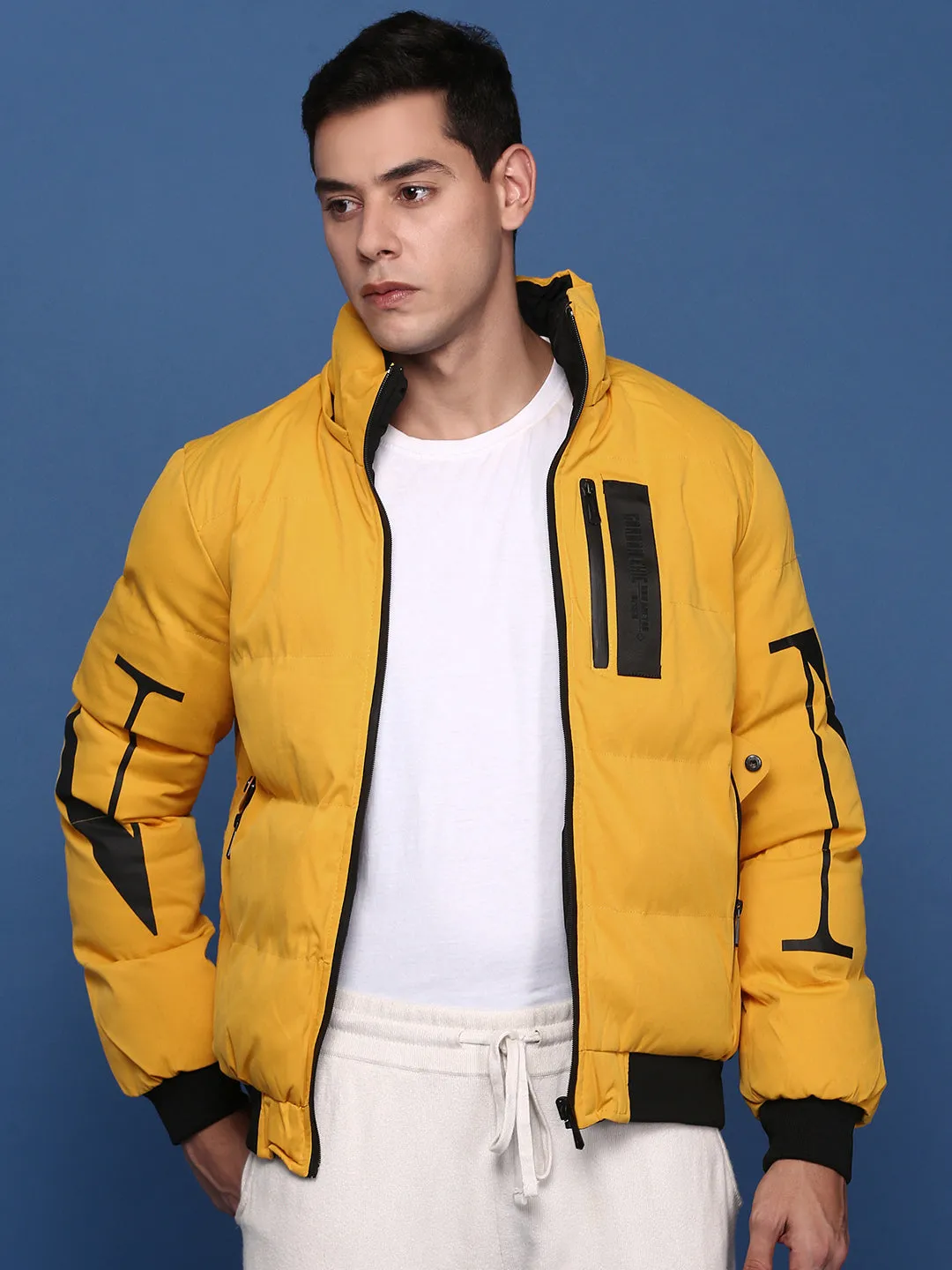 Men Yellow Mock Collar Solid Windcheater Reversible Puffer Jacket with Detachable Hoodie